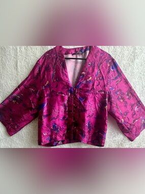 ZARA Magenta Pink Oriental Print Satin Blouse Kimono Top
